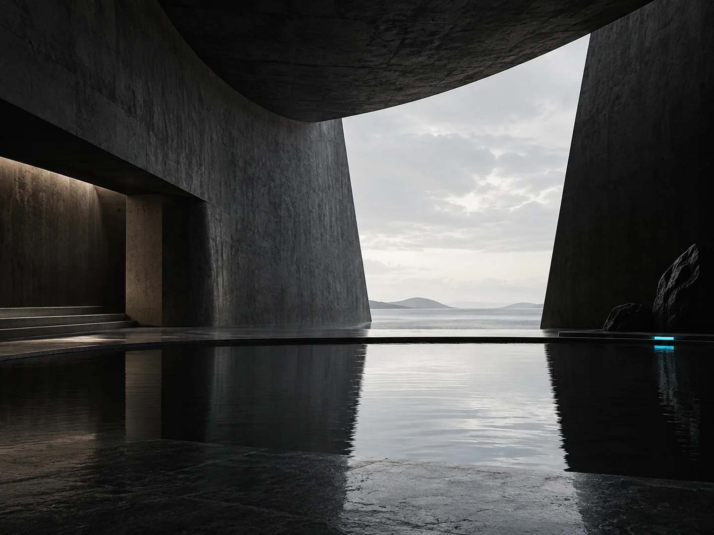 Concept visivo: architettura scura con una piscina riflettente aperta su un paesaggio costiero